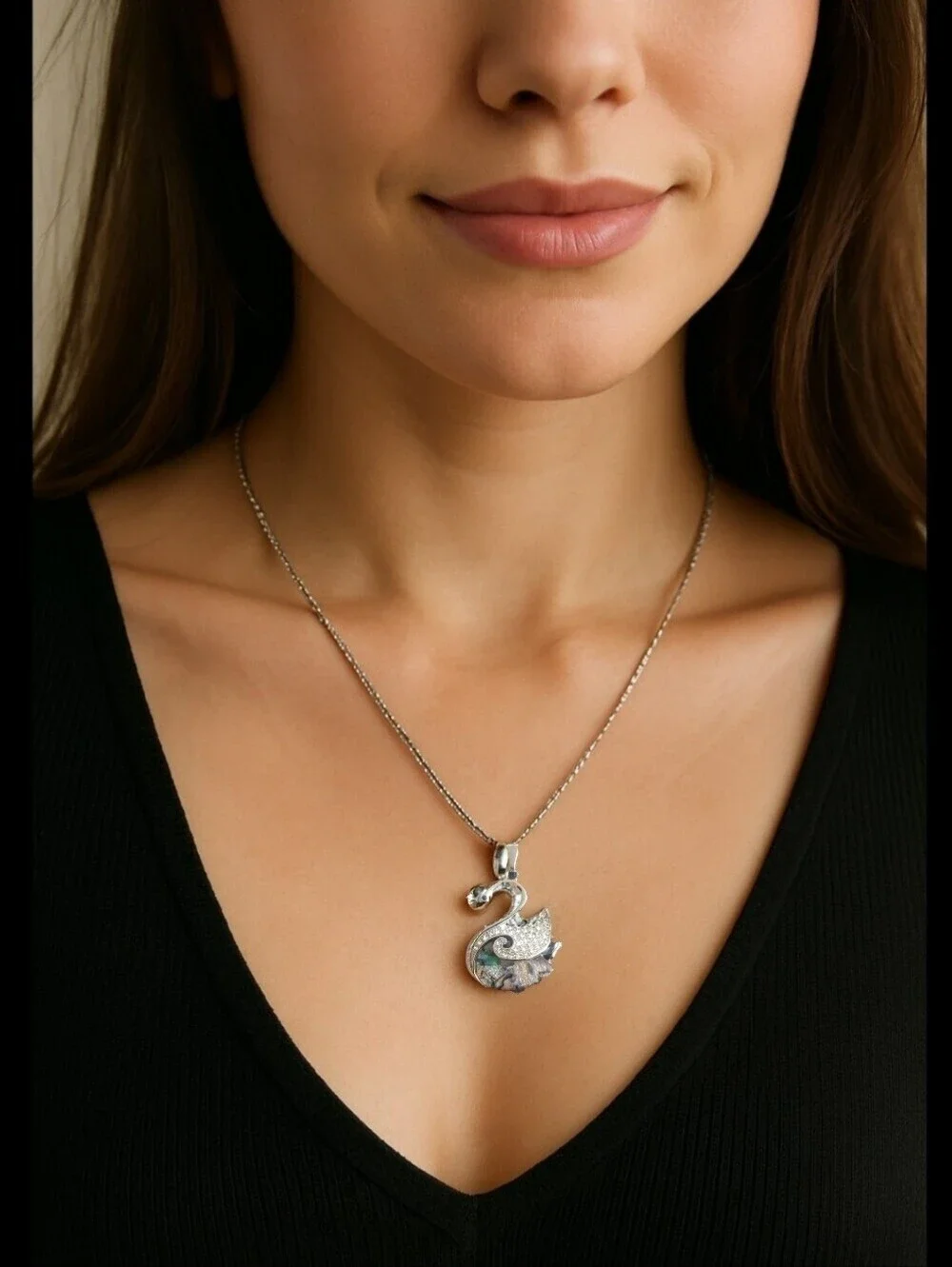 Abalone Shell Crystal Swan Queen Pendant Necklace in Polished Stainless Steel